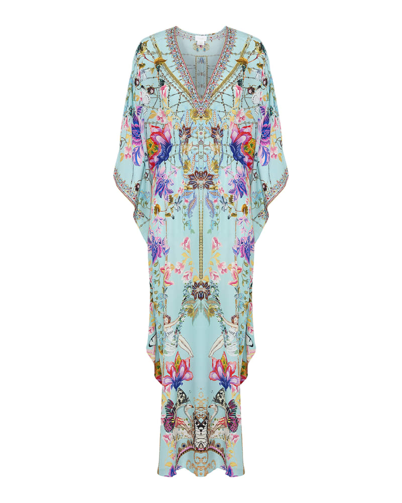 Front of a model wearing a size one-size-fits-all Gathered Waist Kaftan in Love Web by Camilla. | dia_product_style_image_id:287705